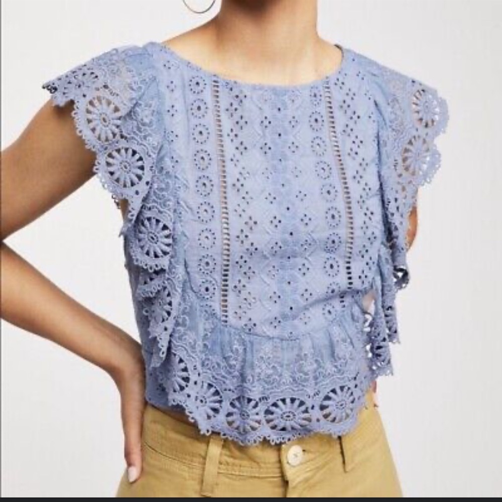 Altar’d State Eyelet Lace Embroidery Top Smocked Back Medium Blue